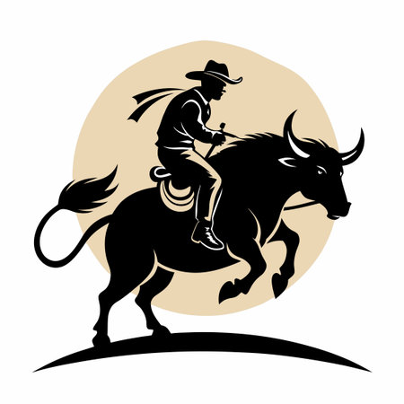 Silhouette of a Cowboy Riding a Raging Bull at a Rodeoのイラスト素材