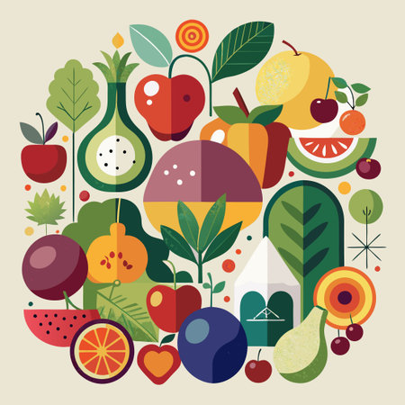 Grunge Collage of Fresh and Vibrant Fruits and Vegetables in Modern Styleのイラスト素材