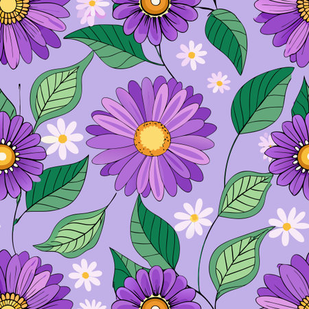 Purple Daisy Floral Seamless Pattern with Delicate Petals and Geometric Repeatのイラスト素材