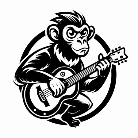 Vintage Monochrome Image of a Captivating Monkey Playing Guitarのイラスト素材