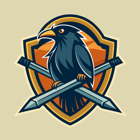 Vintage Wooden Badge Adorned with a Majestic Raven Perched on a Swordのイラスト素材