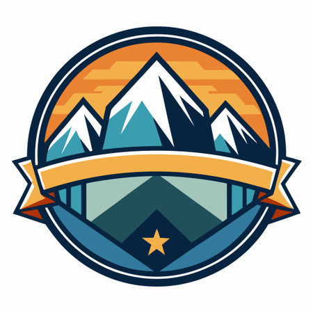 Vintage Mountain Peak Emblem Adorned with Ribbon and Laurel Wreathのイラスト素材