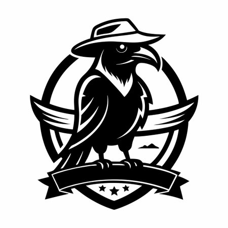 Monochrome Vintage Image of a Raven Perched on a Cowboy Hatのイラスト素材
