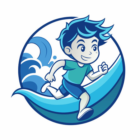 Child's Dream: A Boy in Motion on the Ocean's Surfaceのイラスト素材