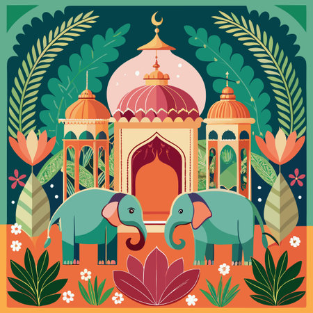 Beautiful vector illustration of an elephant with a mosque in the backgroundのイラスト素材