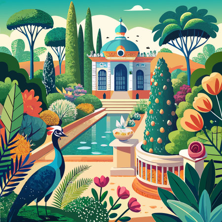 Victorian Garden with Elegant Peacock and Mediterranean Architectureのイラスト素材