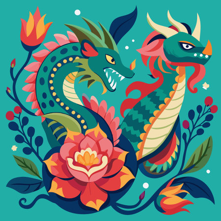 Majestic Dragon Adorned with Flowers and Companionship (3)のイラスト素材