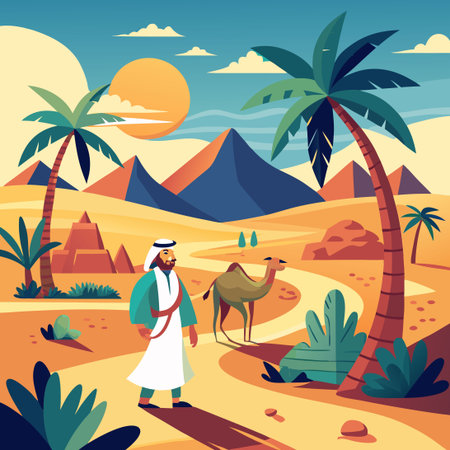 Emirati Man with Camel Amidst Expansive Desert Landscapeのイラスト素材