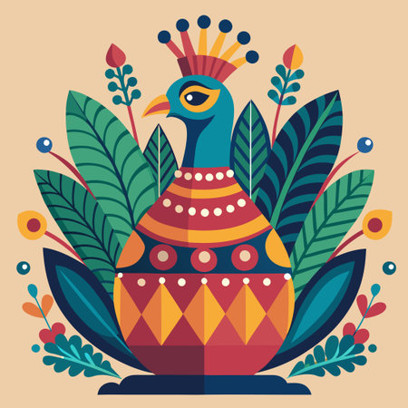 Majestic Indian Peacock Perched on an Ornate Vase Illustrationのイラスト素材