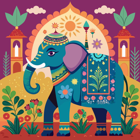 Intricately Embroidered Mughal Elephant Gracefully Strolling in a Serene Gardenのイラスト素材