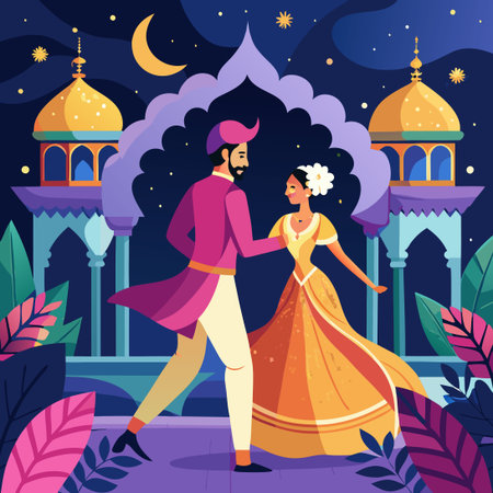 Enchanting Mughal Garden Wedding Dance Under Moonlit Skyのイラスト素材
