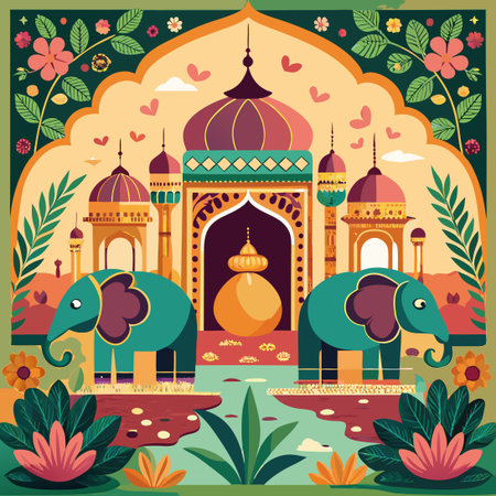 Traditional Indian Mughal Elephants Adorned in Decorated Howdahs Gracefully Strolling in a Verdant Gardenのイラスト素材