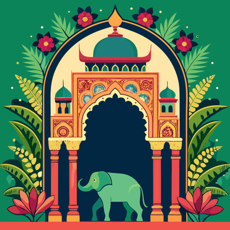 Intricate Mughal Garden Archway with Decorative Plants Adorning a Temple Entranceのイラスト素材