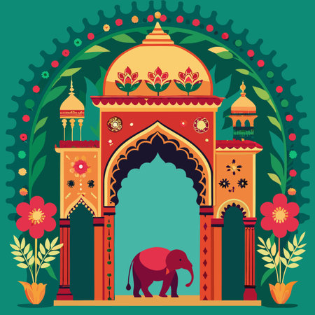 Traditional Mughal Garden Arch with Plant Decorations and Temple Detailのイラスト素材