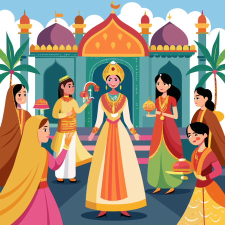 Majestic Mughal Queen and Her Three Handmaids in Traditional Attire