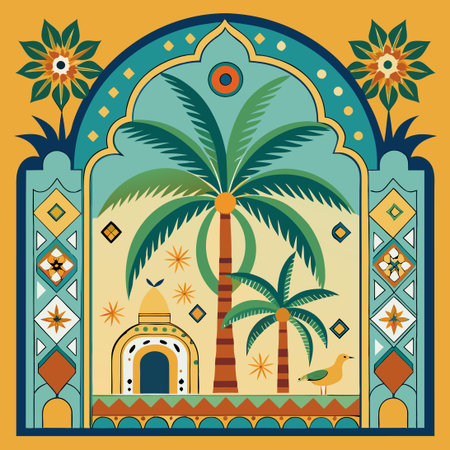 Intricate Moroccan Tilework Pattern Featuring a Verdant Palm Treeのイラスト素材