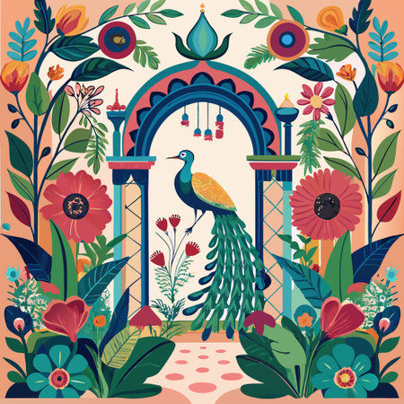 Vibrant Garden Archway with Peacock Plant and Bird Illustrationのイラスト素材