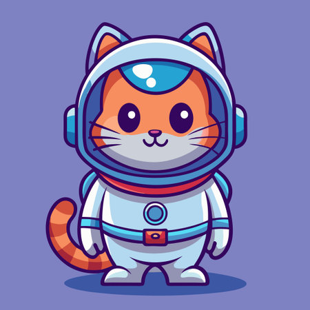Cute Astronaut Cat Logo Illustration with Solid Color Backgroundのイラスト素材
