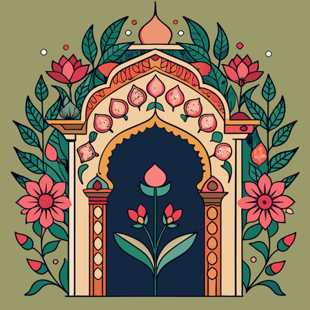 Ornamented Indian Mughal Arch with Hand-Drawn Floral Patternsのイラスト素材