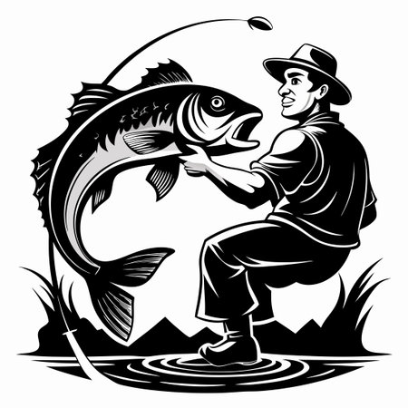 Fisherman Embraces the Thrill of Catching a Gigantic Bass Fishのイラスト素材