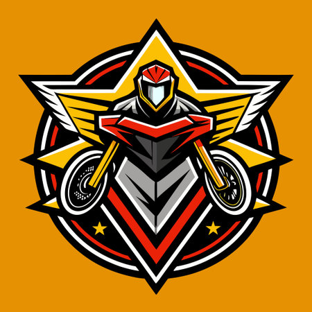 Black and White Motocross Logo Silhouette with Wings on Gradient Backgroundのイラスト素材