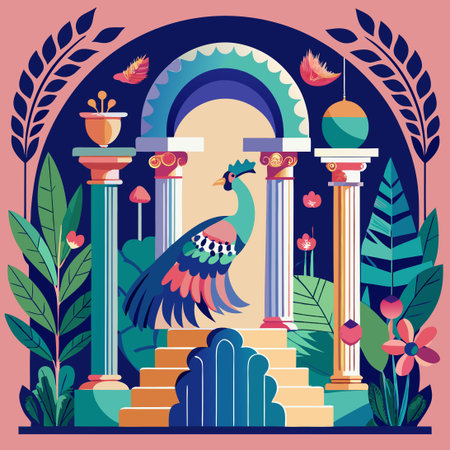 Classical Greek Arch Surrounded by a Garden with Peacock and Parrotのイラスト素材