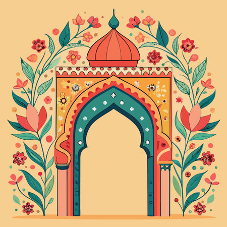 Ornate Indian Mughal Hand-Drawn Floral Arch Illustration with Delicate Motifsのイラスト素材
