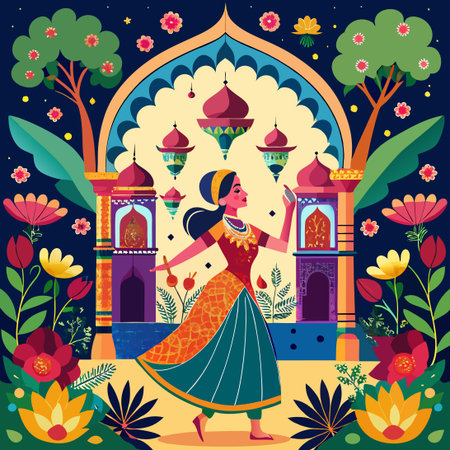 Mughal Court Dancer in Serene Garden with Majestic Peacockのイラスト素材