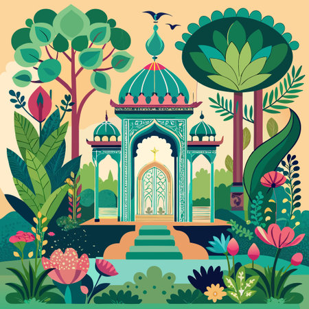 Serene Mughal Garden Oasis with Ornate Archway and Majestic Peacockのイラスト素材