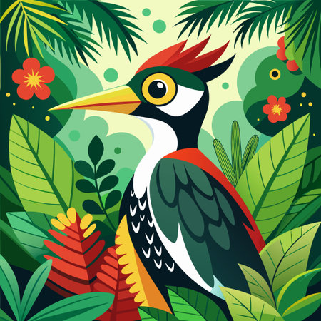 Vibrant Tropical Forest Birds: A Woodpecker Pattern Vector Illustrationのイラスト素材