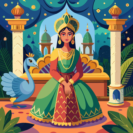 Mughal Queen Reposing in a Temple Garden amidst Peacocksのイラスト素材
