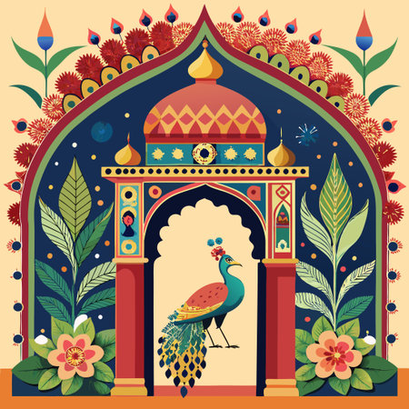 Ornate Mughal Garden Archway with Peacocks and Floraのイラスト素材