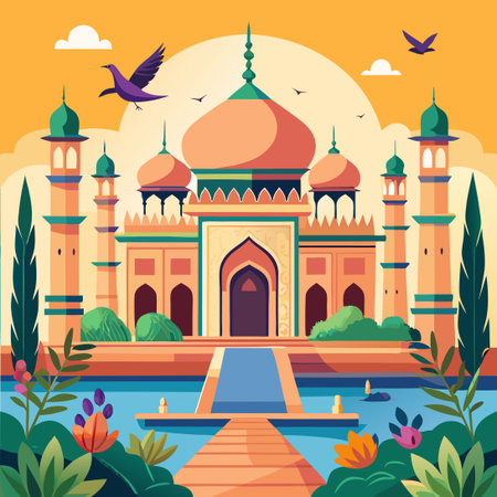Majestic Mughal Garden Palace Temple Adorned with Birdsのイラスト素材