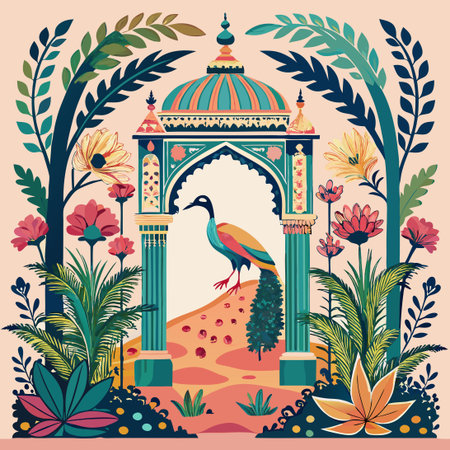 Vibrant Tropical Mughal Garden: Arched Peacock Frame Architectureのイラスト素材
