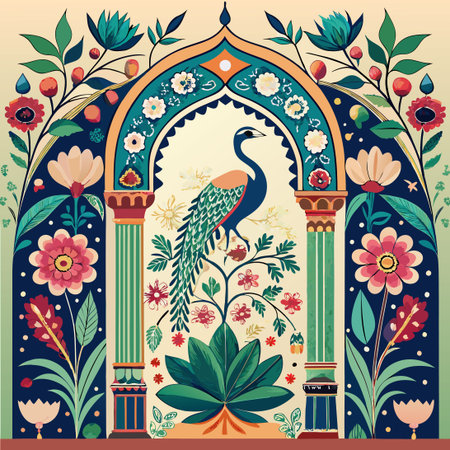 Mughal Inspired Decorative Garden Arch Pattern with Peacock Motifsのイラスト素材