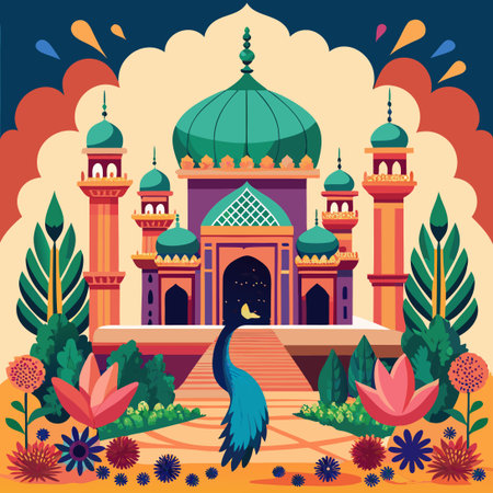 Traditional Middle Eastern and Mughal Garden with Intricate Water Features and Lush Greeneryのイラスト素材