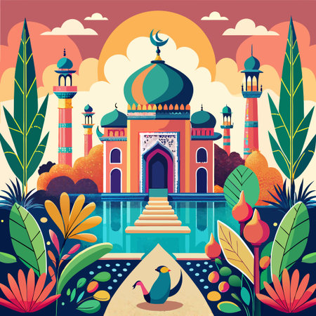 Traditional Middle Eastern and Mughal Garden with Formal Geometric Design and Water Featuresのイラスト素材