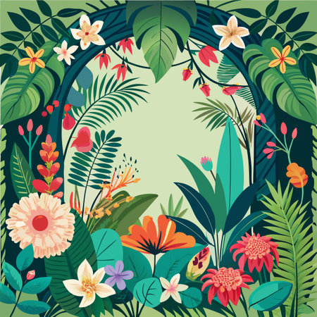 Enchanting Tropical Garden Illustration Frame with Vibrant Floral Bloomsのイラスト素材