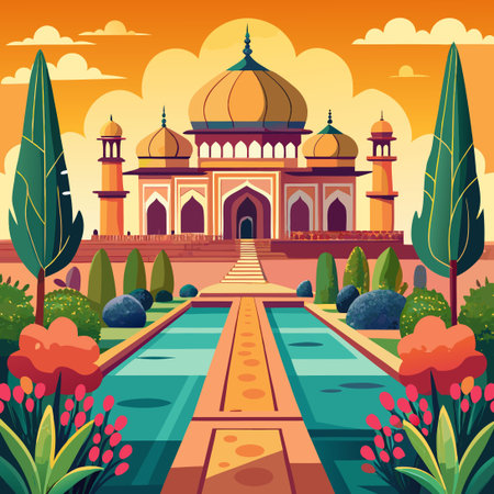 Intricate Mughal Architectural Details in a Majestic Palace and Ornate Gardenのイラスト素材