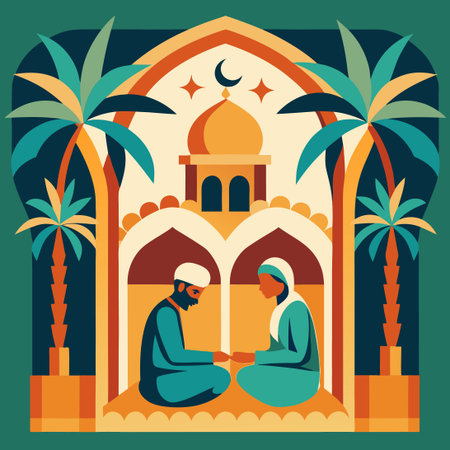 Traditional Arabian Arch with Palm Tree and Intricate Patternのイラスト素材