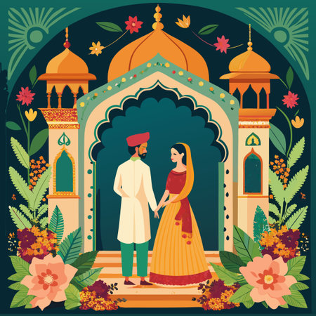 Exquisite Mughal Garden Wedding Invitation Frame with Delicate Detailingのイラスト素材