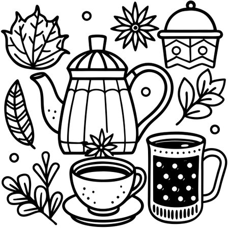 Hand-Drawn Autumn and Winter Beverage Doodles Set on White Backgroundのイラスト素材