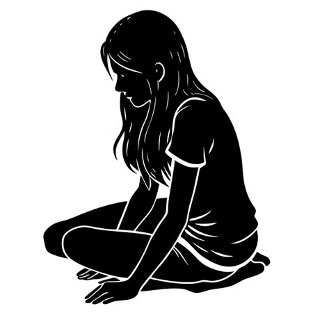 Black Silhouette of a Young Girl Sitting in Contemplation on the Floorのイラスト素材