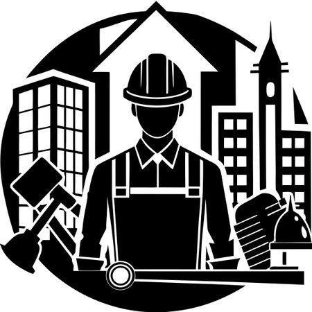 Silhouette of Builders Working on a White Background Vector Designのイラスト素材