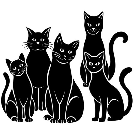 Silhouette of Cats in Elegant and Playful Poses against a White Backgroundのイラスト素材