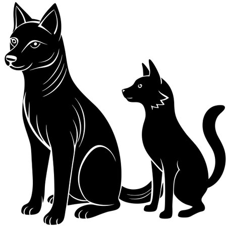 Black Silhouette of Cat and Dog Isolated on White Backgroundのイラスト素材