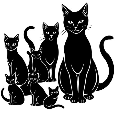 Silhouette of Three Cats Isolated on a White Background, Perfect for Logo or Designのイラスト素材