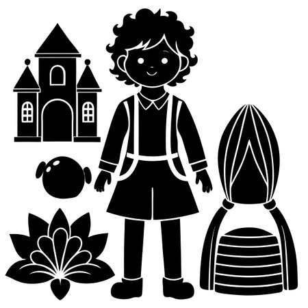 Cute little girl in the garden. Black and white vector illustration.のイラスト素材