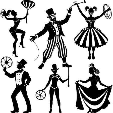 Silhouette Collection of Acrobats, Jugglers, and Performers in the Spotlightのイラスト素材