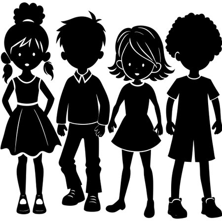 Collection of Diverse Silhouettes of Children, Boys and Girls, in Playful Posesのイラスト素材